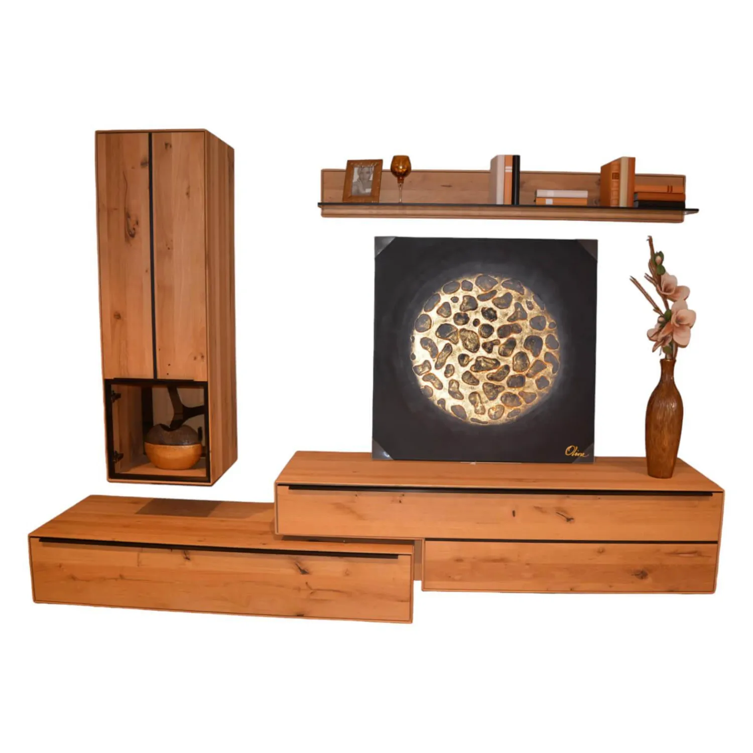 Decker Wohnwände & Tv-Lowboards|Wohnwand Valero Asteiche Massiv Bianco Geölt Front Klarglas