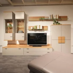 Rietberger Möbelwerke Wohnwände & Tv-Lowboards|Wohnwand Vienna 35 36011 Lack Grau Akzente Asteiche Griffe Edelstahl Inklusive Beleuchtung