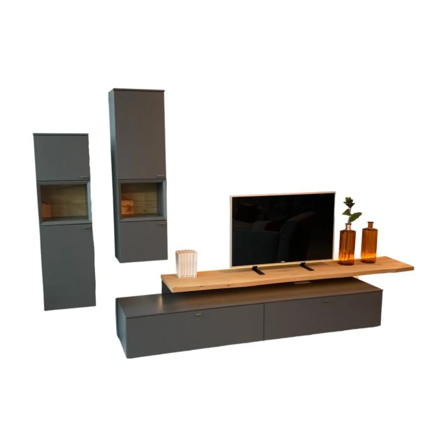 Venjakob Wohnwände & Tv-Lowboards|Wohnwand Vitus Eiche Rustico Hell Geölt Lack Schiefergrau Mit Beleuchtungspaket
