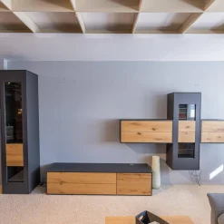 WK Wohnen Wohnwände & Tv-Lowboards|Wohnwand Wk 440 Lavato Und Vitrine 440 Balkeneiche Lack Schiefergrau Grau Matt Inklusive Beleuchtung