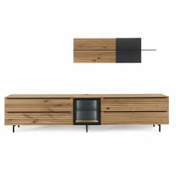 WK Wohnen Wohnwände & Tv-Lowboards|Wohnwand WK490 Baristo V18003 Asteiche Natur Front Mitte aus Farbglas Anthrazit Satiniert